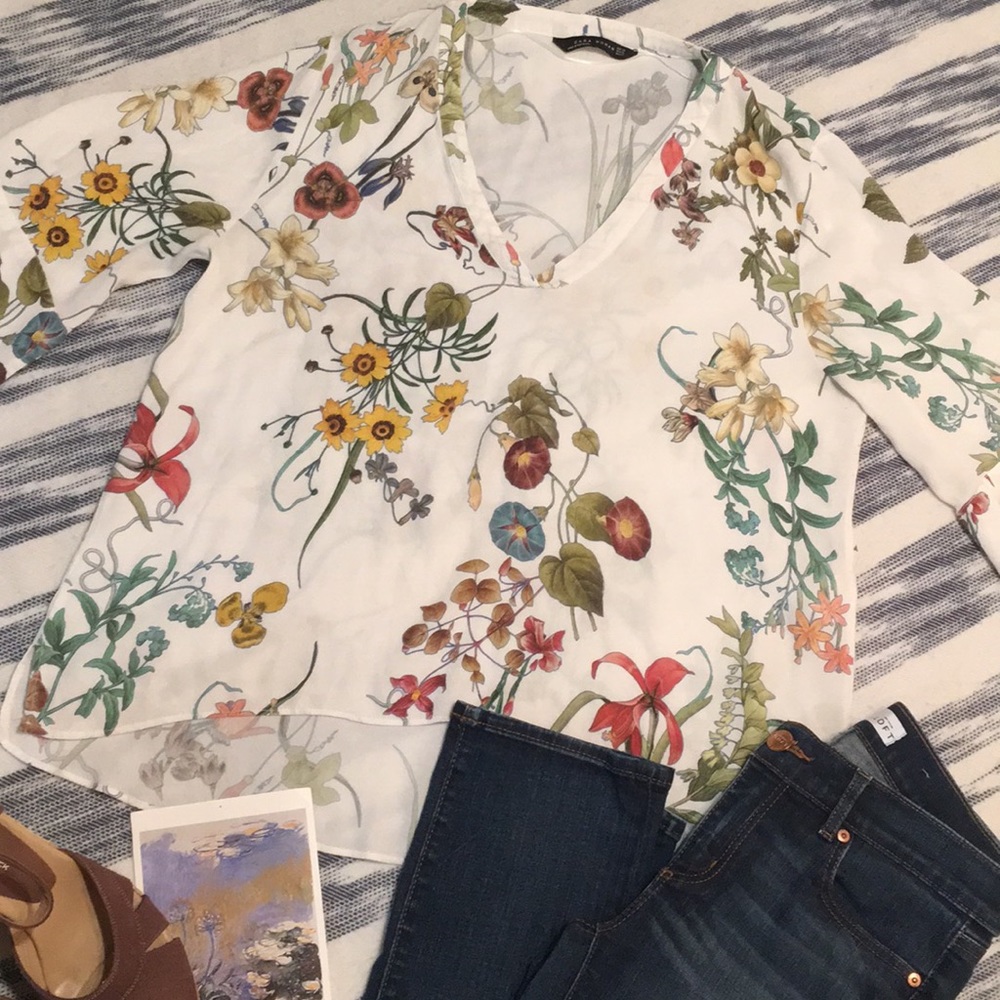 Zara Woman Botanical Floral Slouchy Blouse